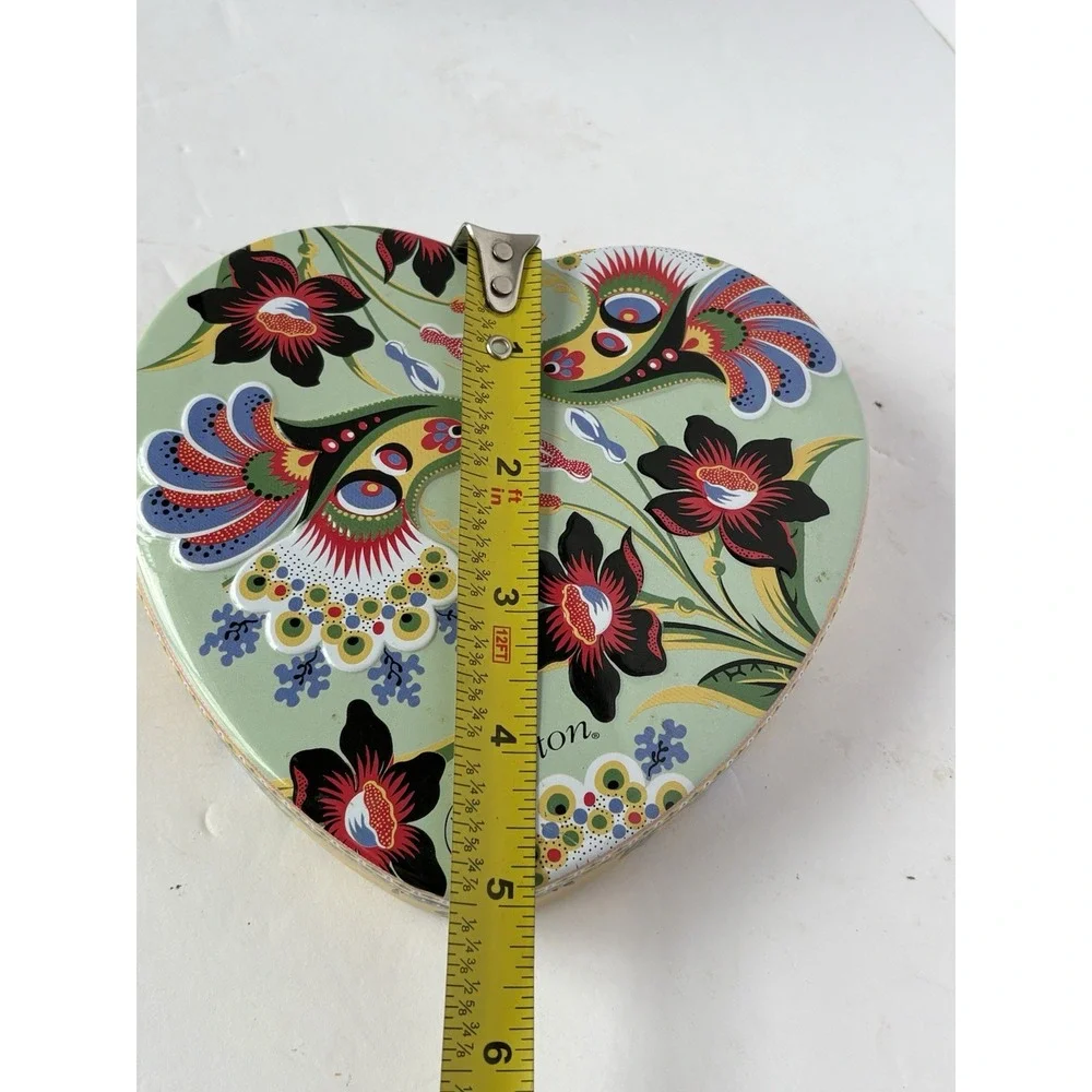 Brighton Large Tin Green Floral Design Heart Shaped Trinket Jewelry Gift Box
